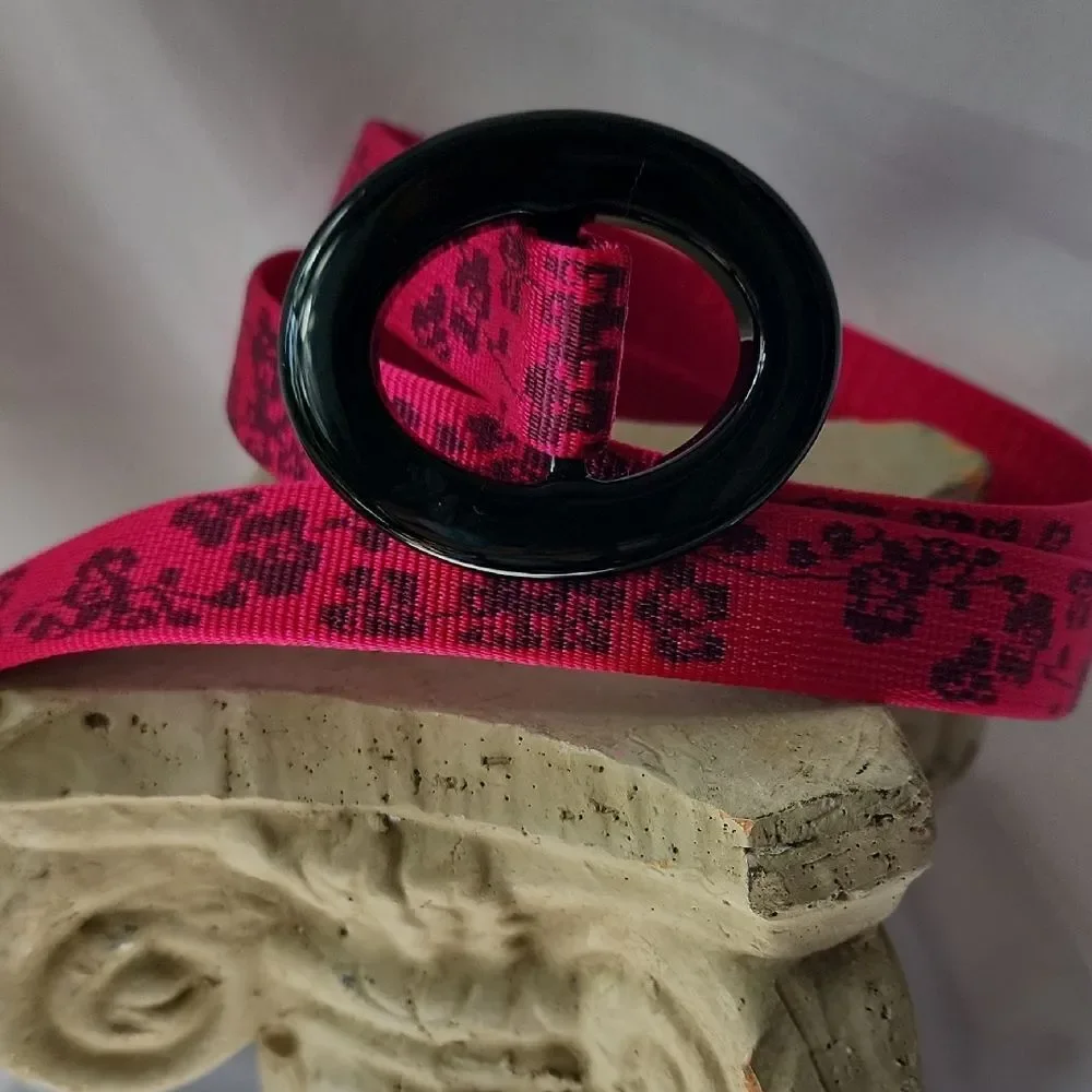 Pink & Black Floral Belt With Glossy Black Oval Buckle